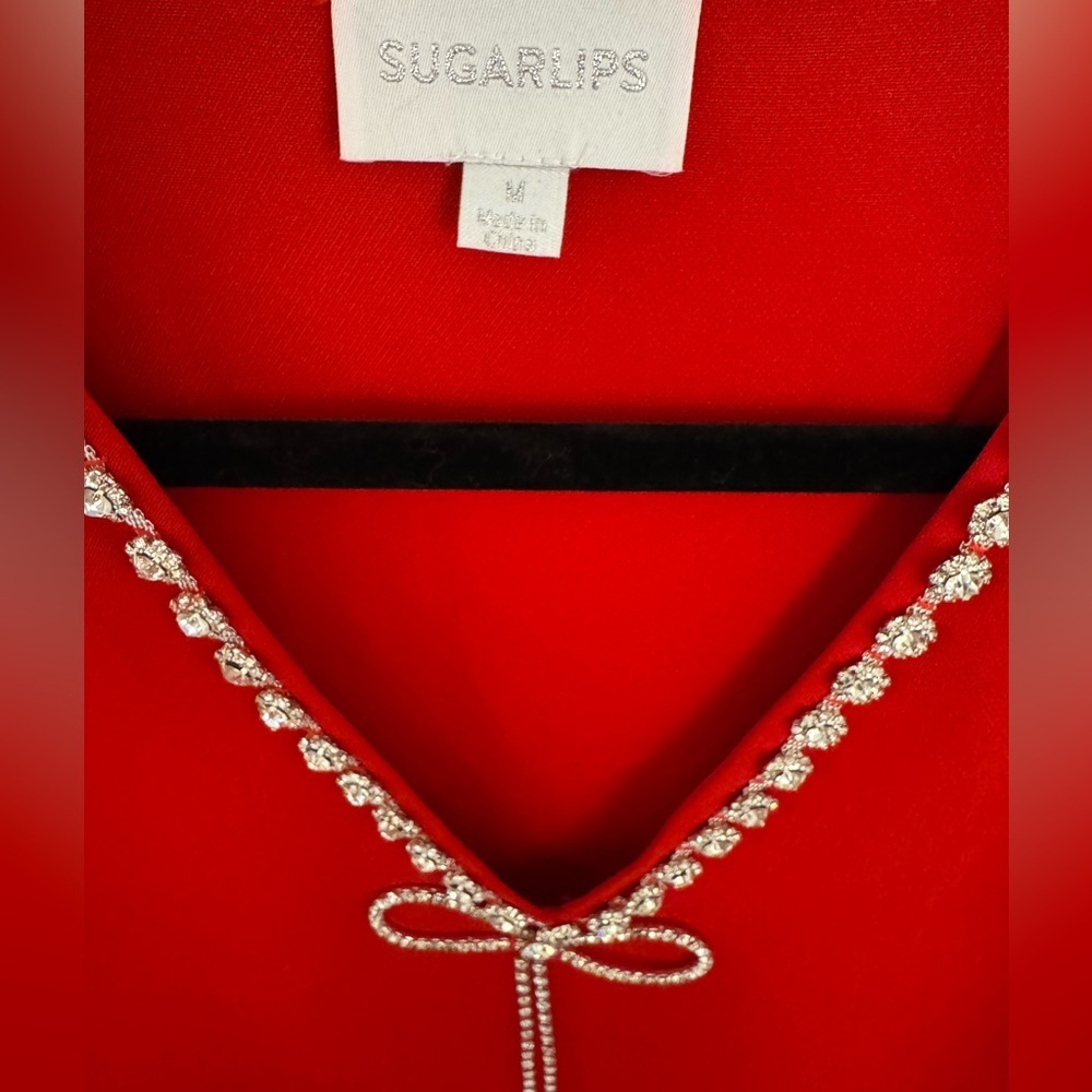 Sugarlips Stazie V-Neck Shift Mini Dress | Rhinestone Bow | Size Medium NWOT - Picture 7 of 7